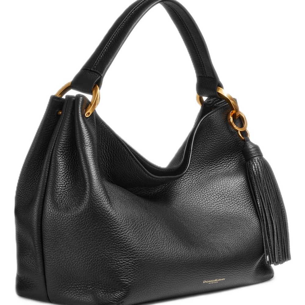 Donna Karan New York Glenwood Leather Shoulder Black handbag with Tassel Detail - Picture 2 of 16